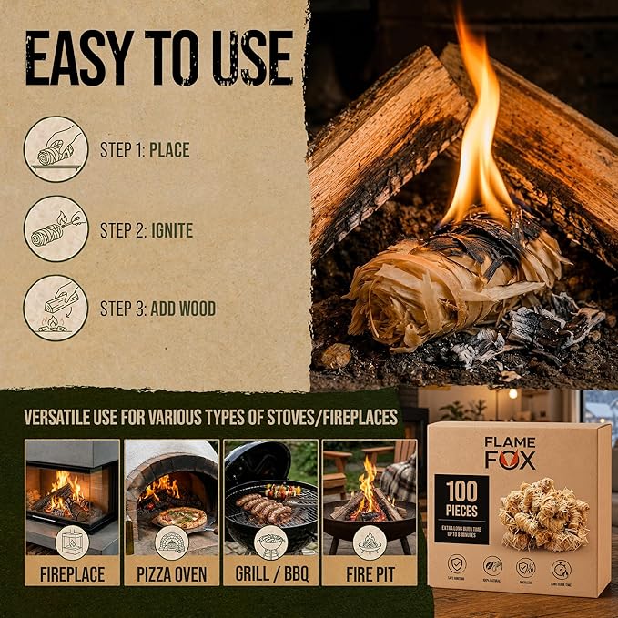 FlameFox Fire Starters 100 pcs – Natural Wood Wool Tumbleweed Fire Starter – Odorless Long Burning and Eco Friendly Firestarters – for Fireplace, Campfire, Grill, BBQ, Charcoal, Wood Stove & Fire Pit