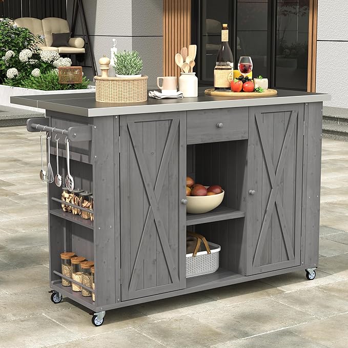 Outdoor Kitchen Island 52.25" W x 28.75" D x 36.25" H Solid Fir Wood with Stainless Steel Top Grey