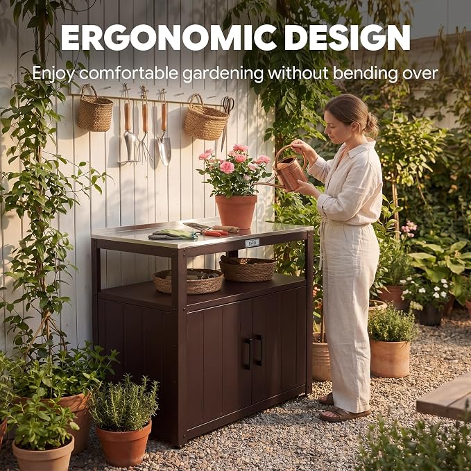 Feasto Metal Outdoor Potting Bench with Storage Cabinet for Garden Work | Durable Metal Cabinet & Stainless Steel Top, Open Middle Shelf, Raised Edge & Adjustable Feet, for Patio, Lawn & Greenhouse