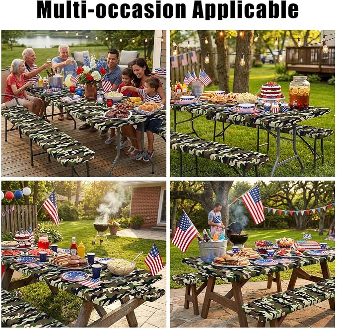Smiry Picnic Table Cover with Bench Covers, Waterproof Elastic Fitted Tablecloth for 6 Foot Tables, Washable Polyester Camo Tablecloths for Camping & Patriotic Decor (Olive Drab, 30x72 Inch 3-pc Set)