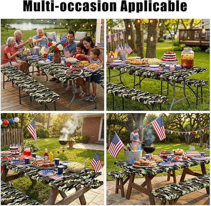 Smiry Picnic Table Cover with Bench Covers, Waterproof Elastic Fitted Tablecloth for 6 Foot Tables, Washable Polyester Camo Tablecloths for Camping & Patriotic Decor (Olive Drab, 30x72 Inch 3-pc Set)