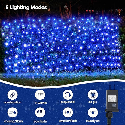 WBao Christmas Net Lights, 360LED 11.5ft x 6.9ft Christmas Lights with 8 Modes, Timer, End to End Connectable, Waterproof Design for Lawn, Bushes, Trees Outdoor Xmas Decorations, Blue