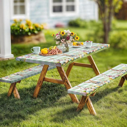 Easter Picnic Table Cover with Bench Covers, Camping Essentials, Easter Buffalo Plaid Rabbit Eggs Flower Outdoor Table Covers, Waterproof, Fitted Tablecloth Cover with Elastic Edge, 3 PCS, 30x72 Inch