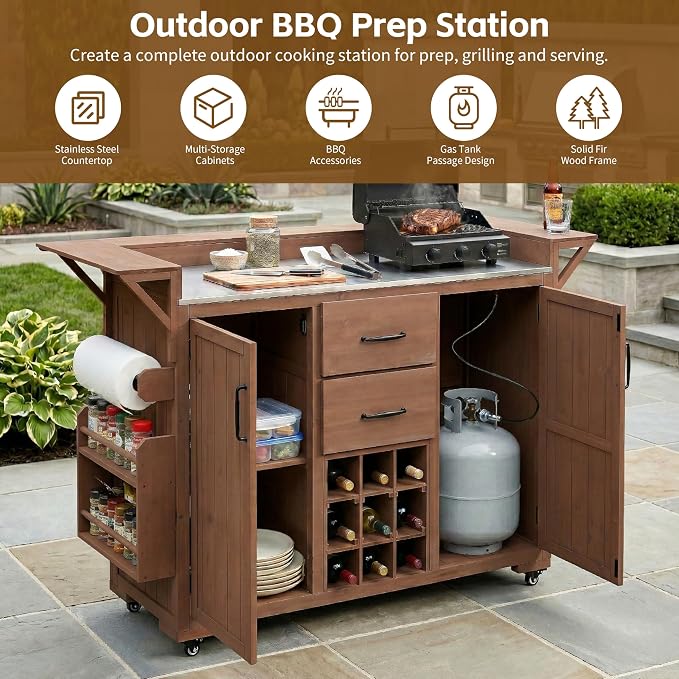 60.2''W Outdoor Kitchen Island with Wheels, Solid Fir Wood Kitchen Cart Grill Cart with Stainless Steel Top, Spice Rack, Wine Rack, 2 Bottom Cabinets with Adjustable Shelves, 2 Drawers (Brown-117)