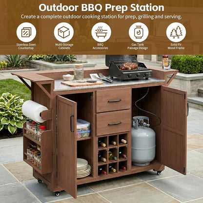 60.2''W Outdoor Kitchen Island with Wheels, Solid Fir Wood Kitchen Cart Grill Cart with Stainless Steel Top, Spice Rack, Wine Rack, 2 Bottom Cabinets with Adjustable Shelves, 2 Drawers (Brown-117)