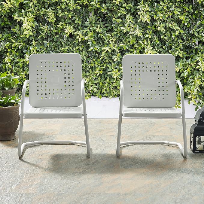 Crosley Furniture Bates 2-Piece Outdoor Chair Set, Retro Metal Patio Chairs for Dining, Porch, Deck, Balcony, White Gloss