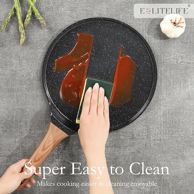 ESLITE LIFE 9.5 Inch Crepe Pan with Spreader, Nonstick Granite Coating Dosa Pan, Roti Tawa Comal Para Tortillas Pancake Griddle Pan, Induction Compatible, PTFE & PFOA Free, Black