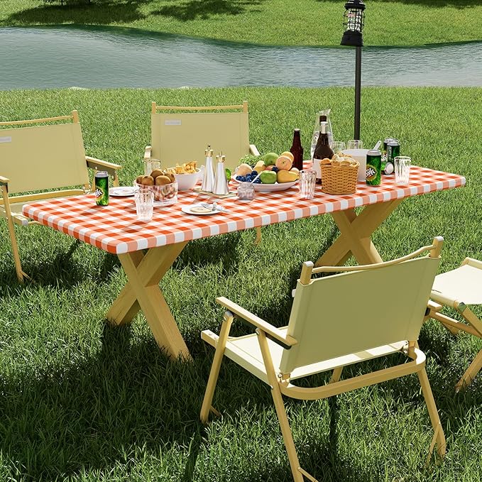 Smiry Picnic Table Cloth 2 Pack, Waterproof Elastic Fitted Tablecloths for 8FT Rectangle Tables, Washable Polyester Buffalo Plaid Tablecloth for Camping, Dining & Outdoor (Orange & White, 30" x 96")