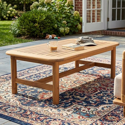 Merax 1 Piece Patio Furniture Set, All-Weather Acacia Wood Rectangular Coffee Table with Sturdy Legs, Outdoor Center Table for Porch, Lawn, Backyard, Balcony Teak
