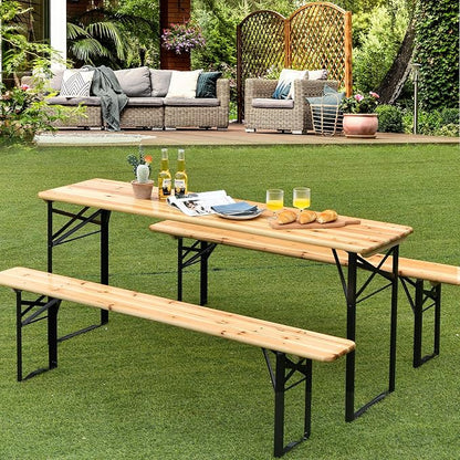 Giantex 70'' 3-Piece Portable Folding Picnic Beer Table with Seating Set Wooden Top Picnic Table for Patio Outdoor Activities Garden Use, 30'' Table Height