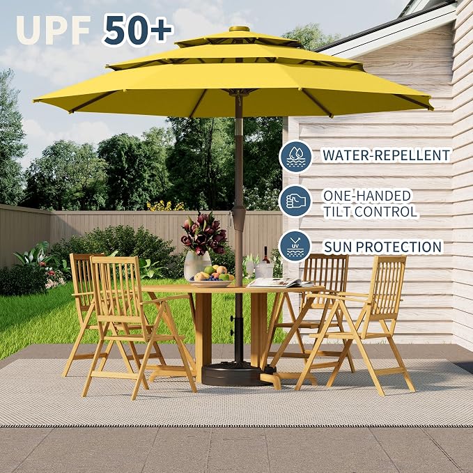9FT 3 Tiers Patio Umbrella With Auto Tilt And Crank, Outdoor Table Market Umbrella with 8 Sturdy Ribs for Garden, Lawn, Deck, Backyard and Pool