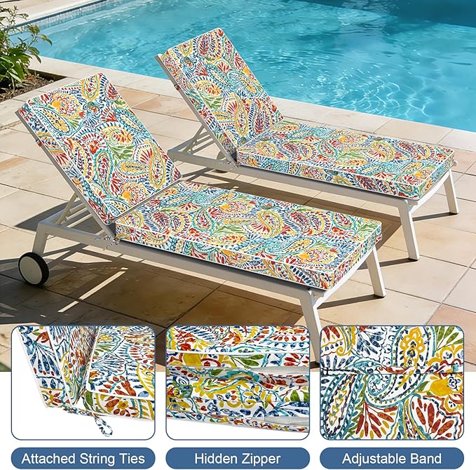 LVTXIII Outdoor Chaise Lounge Cushion 72x21x3 Inch, Water-Repellent Patio Seat Cushion with Ties & Hidden Zipper, Thick Foam Pad for Lawn Chair, Poolside, Patio Furniture, Paisley Multi