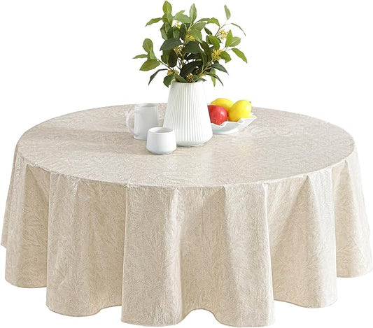 Newbridge Napa Leaf Taupe Vinyl Flannel Backed Tablecloth, 70 Inch Round, Hotel Quality Waterproof Indoor Outdoor Table Cover for Kitchen, Patio, Dining, BBQ