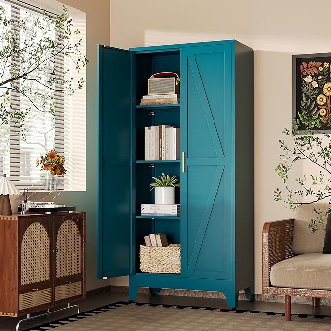 61" H Blue Free Standing Pantry Cabinet with Doors,Stand Alone Kitchen Pantry Cabinet,Farmhouse Food Storage Cabinets,Tall and Large Pantry Cabinets for Kitchen, Dining Room, Living Room