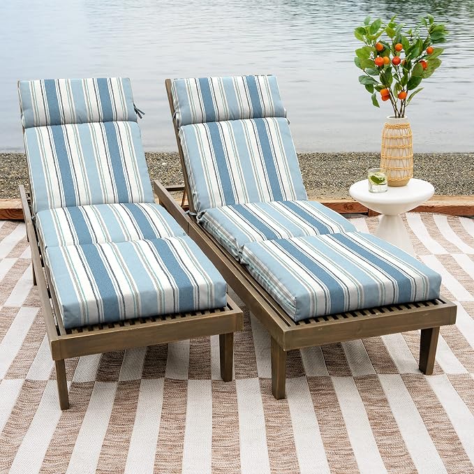 Arden Outdoor Chaise Cushion, 21 in x 72 in, Weather-Proof, Rain-Proof, Fade Resistant Patio Cushion for Chaise Lounger French Blue Linen Stripe | Lounge Cushion, Weather-Proof, Rain-Proof, Fade Resistant for Chaise Lounger, Mold and Mildew Resistant