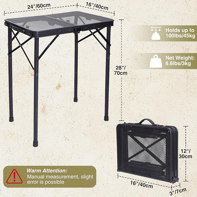 REDCAMP 2 Feet Small Folding Grill Table for Outside, 3 Heights Adjustable Portable Metal Outdoor Picnic Table for Camping Travel Cooking BBQ, Black, 24" Lx 16" Wx 27.5" H