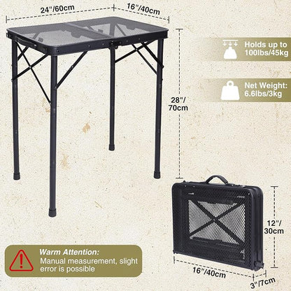 REDCAMP 2 Feet Small Folding Grill Table for Outside, 3 Heights Adjustable Portable Metal Outdoor Picnic Table for Camping Travel Cooking BBQ, Black, 24" Lx 16" Wx 27.5" H