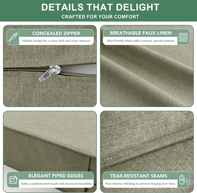 Summsun Water Resistant Outdoor Chair Cushions, Faux Linen Backrest and Seat Cushion Set with Ties, Removable Cover, Non-Slip Bottom for Patio Furniture, 19 x 19 Inch, Mocca Green