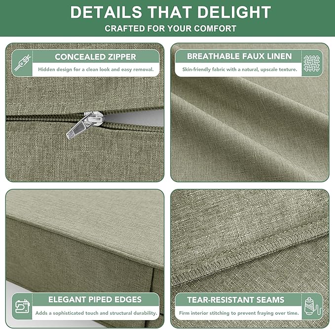Summsun Water Resistant Outdoor Chair Cushions, Faux Linen Backrest and Seat Cushion Set with Ties, Removable Cover, Non-Slip Bottom for Patio Furniture, 19 x 19 Inch, Mocca Green, Set of 2