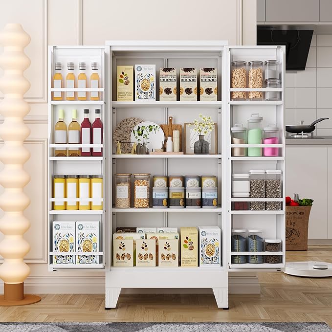 PAOFIN 47" Kitchen Pantry Cabinet, Metal Storage Cabinet with 3 Adjustable Layer Shelves, 8 Door Shelves, Buffet Sideboard for Living Room, Kitchen, White