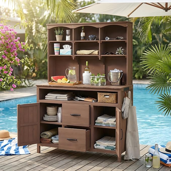 Merax 45.3" Large Outdoor Fir Wood Potting Bench with Storage, Multi-Functional Patio Kitchen Island with 6-Shelf Hutch+2 Cabinets+2 Drawers+3 Hooks, Garden Workstation for Planting, Gardening, Brown