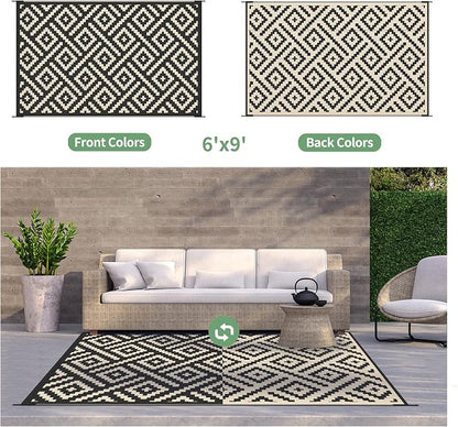 GENIMO Outdoor Rug, Waterproof Plastic Rugs for Patio, 6'x9' Black Beige | Outside Larger Modern Carpet Mat for Porch Decor, Deck, Balcony, Camping, RV, Backyard, Picnic, Beach, Reversible, Foldable