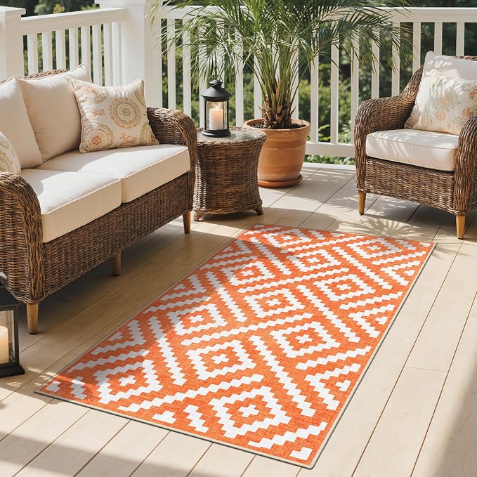 GENIMO Outdoor Rug 3'x5' Waterproof for Porch, Plastic Door Mat Mid Orange | Outside Modern Carpet for Patio Decor, Balcony, Deck, Backyard, Picnic, Camping, RV, Reversible, Foldable, Lightweight