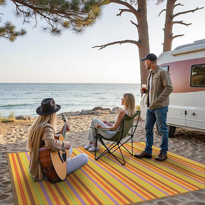 GENIMO Outdoor Rug, Waterproof Plastic Rugs for Patio, 9'x12' Rainbow | Outside Larger Modern Carpet Mat for Porch Decor, Deck, Balcony, Camping, RV, Backyard, Picnic, Beach, Reversible, Foldable