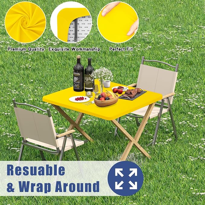 Moosfor 2 Pack Square Spandex Fitted Table Cloth, Elastic Tablecloth | Washable Picnic Table Cover, Stretch Waterproof Table cloths for Party, Patio, Dining, Kitchen, 34" x 34", Yellow