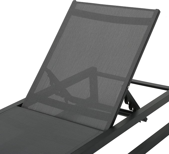 Christopher Knight Home Modesta Outdoor Aluminum Framed Chaise Lounges with Mesh Body, 2-Pcs Set, Black Finish / Grey Mesh