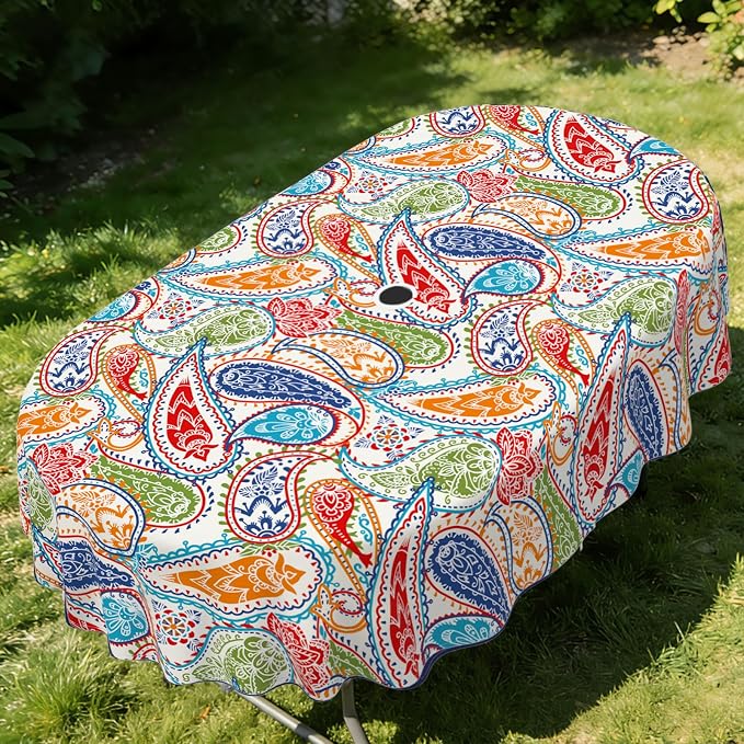 Outdoor Tablecloth with Umbrella Hole Elegant Zipper Patio Table Cloth for Outdoor Patio Garden Yard Decor