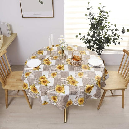 LIBERECOO 60" Round Vinyl Tablecloth Flannel Backing, Sunflower Stain-Resistant Waterproof Plastic Table Cover for Indoor/Outdoor