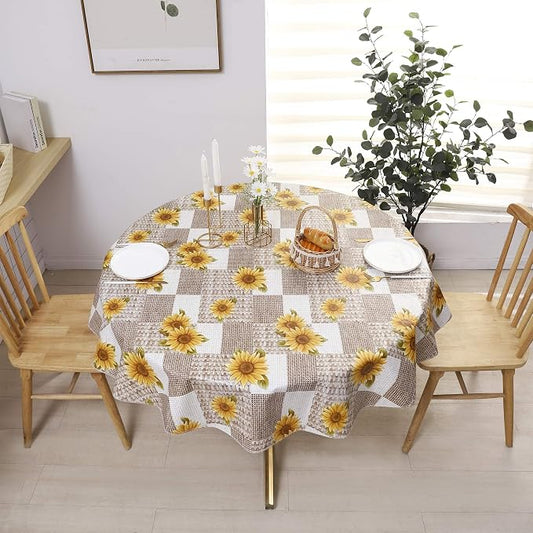 LIBERECOO 60" Round Vinyl Tablecloth Flannel Backing, Sunflower Stain-Resistant Waterproof Plastic Table Cover for Indoor/Outdoor