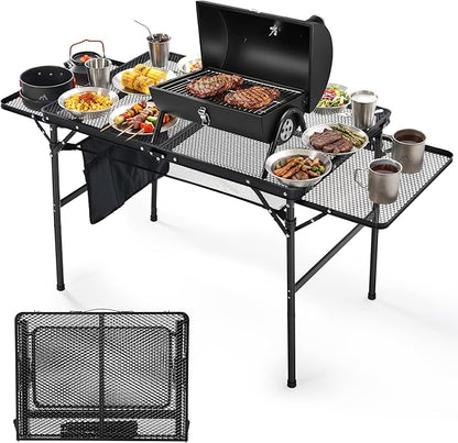 Folding Camping Table with 2 Wing Panels – Adjustable Height & Width Portable Outdoor Grill Table, 3x2 FT Lightweight Metal Picnic Table with Mesh Layer & Side Pocket for BBQ, Beach, Tailgate, Hiking