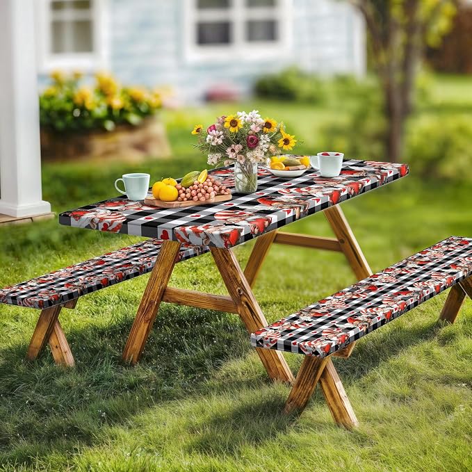 Valentine's Day Picnic Table Cover with Bench Covers, Camping Essentials, Valentines Decor Waterproof Windproof, Fitted Tablecloth Cover with Elastic Edge, Outdoor Table Covers, 3 PCS, 30x96 Inch