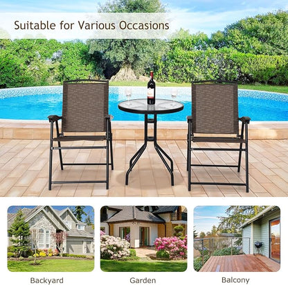 LDAILY LUARANE 3 Piece Patio Bistro Set, Outdoor Table and Chairs Set, 2 Folding Chairs & Coffee Table w/Textured Glass Tabletop, Small Patio Furniture Set for Balcony, Front Porch, Backyard & Garden