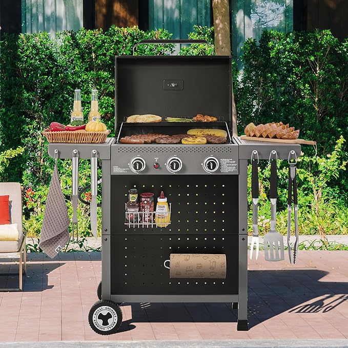 Royal Gourmet GL3001 3-Burner Gas Grill with Pegboard, 420 Sq. In. Cooking Area, 19,500 BTU, Foldable Side Shelves with Hooks, Two Large Wheels, Ideal for Backyard and Patio, Black & Cool Gray