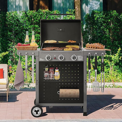 Royal Gourmet GL3001 3-Burner Gas Grill with Pegboard, 420 Sq. In. Cooking Area, 19,500 BTU, Foldable Side Shelves with Hooks, Two Large Wheels, Ideal for Backyard and Patio, Black & Cool Gray