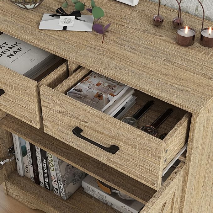 Panana Sideboard 2 Drawers 2 Doors Entryway Storage Cabinet Living Room Organizer Farmhouse Style Wooden Kitchen Cupboard (Nature)