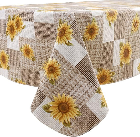 LIBERECOO Vinyl Tablecloth with Flannel Backing, Sunflower 60 x 84 Inch Rectangluar Tablecloths Stain-Resistant Waterproof Plastic Table Cover for Indoor/Outdoor