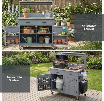 Outdoor Kitchen Island with High Shelf, 53.2" Potting Bench Table with Stainless Steel Top, Storage Cabinet & Lockable Wheels, Solid Wood Grill Cart for BBQ Garden