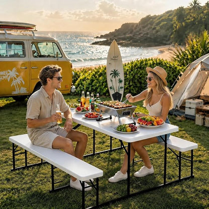 DWVO 4.5ft Picnic Table, Outdoor Folding Picnic Tables with Benches | Heavy Duty Plastic Table Benches for Outside, Portable Resin Camping Table for Events Tailgating Beach Garden Utility, White