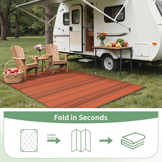 GENIMO Outdoor Rug, Waterproof Plastic Rugs for Patio, 6'x9' Carbon Orange | Outside Larger Modern Carpet Mat for Porch Decor, Deck, Balcony, Camping, RV, Backyard, Picnic, Beach, Reversible, Foldable