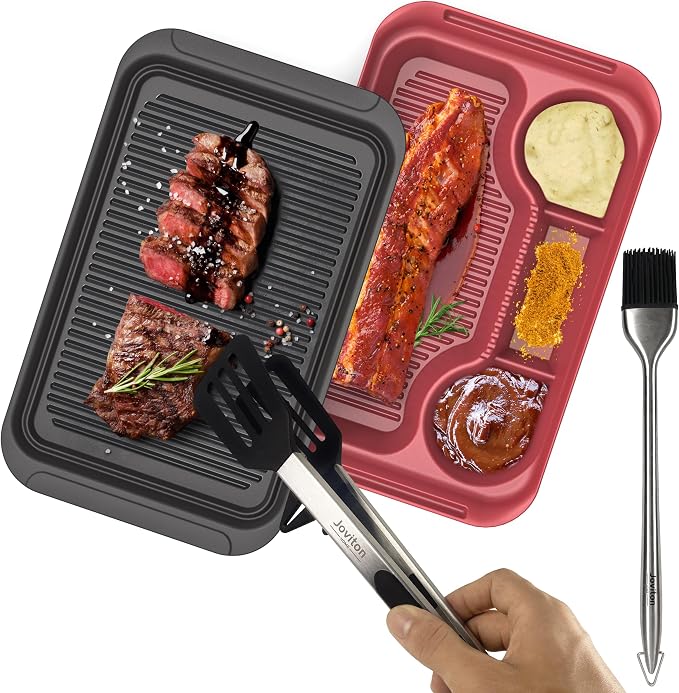 4PCS Melamine Prep Tray Set with Tons & Brush for BBQ, Marinating Plate | Dishwasher Safe,Picnic Prep Tub for Marinating Meats,Grill Prep Trays with Tons & Brush,Camping Cookware,NOT Microwave Safe