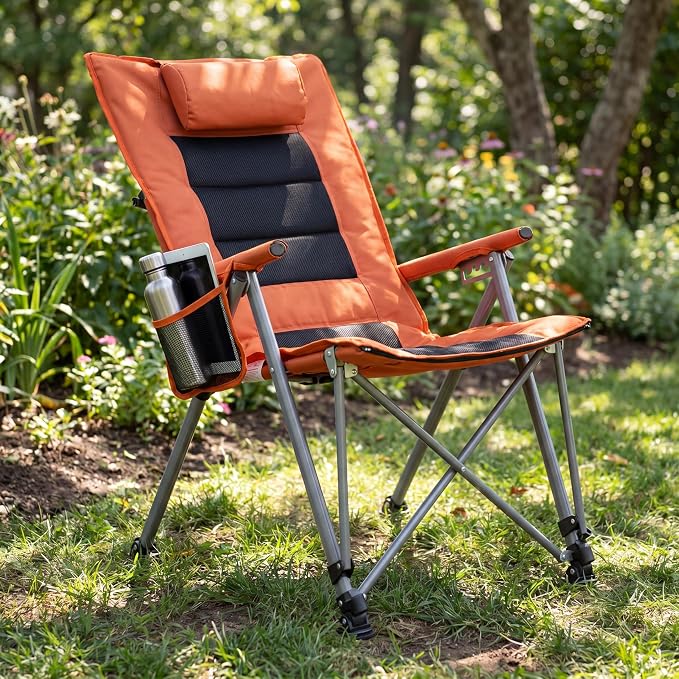 Adjustable Folding Beach Chair, Portable Camping Chair for Adults with Footrest, Reclining Outdoor Chair with Cup Holder & Pocket, Foldable Low Beach Chair for Camping, Picnic, Travel, Orange