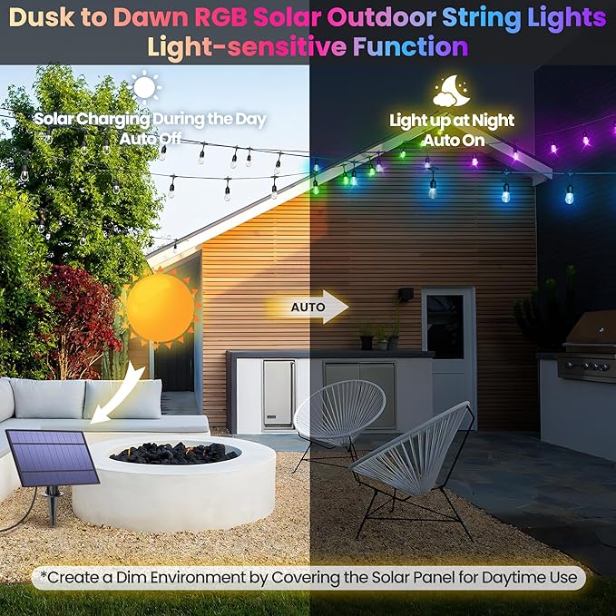 Larkvue 100FT(2x50FT) RGB Solar Outdoor String Lights with Remote, Multicolor&Warm White Dimmable Waterproof Patio Lights with 30 LED S14 Bulbs-Black