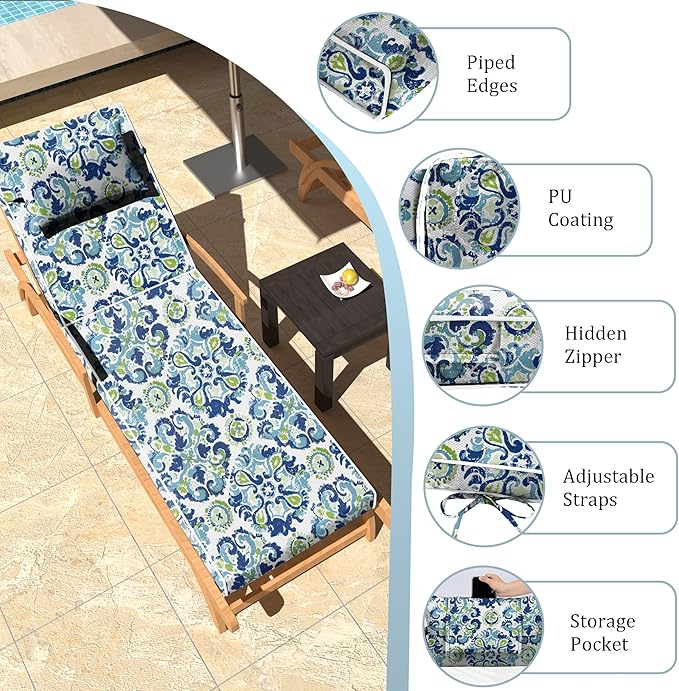 Chaise Lounge Cushions Outdoor Set of 2 Lounge Chair Cushion 72" L x 21" W with Headrest Straps 3'' Thick Waterproof Patio Chaise Cushions Pool Lounger Chair Cushion(Ocean)