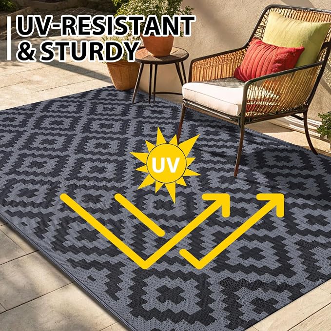 Smiry Outdoor Rug 8x10 ft Waterproof Reversible Boho Mat, Black & Grey | Polypropylene Plastic Straw, Quick Drying, Lightweight Foldable, for Patio, Deck, RV Camping, Backyard and Indoor Outdoor Use