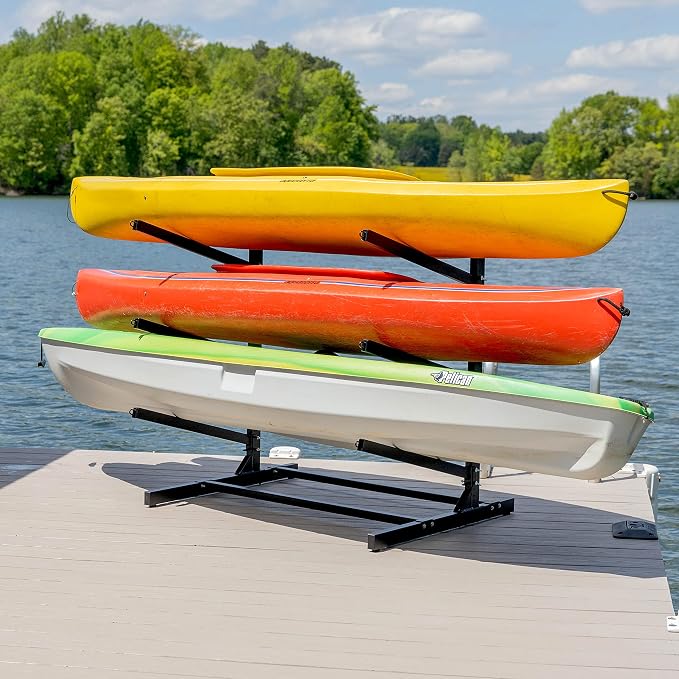 Teal Triangle Adjustable Freestanding Kayak Storage Rack, Holds 3 Kayaks | Outdoor Kayak Rack, Paddle Board Holder, Canoe Rack, Kayak Stand, Felt Padded Arms, Weather Resistant Steel