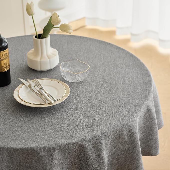 Decorelia Waterproof Faux Linen Tablecloth 60 Inch, Decorative Fabric Anti-Scratch Table Cloth Cover for Dining Table & Kitchen (Round (2-4 Seats), Dark Grey)